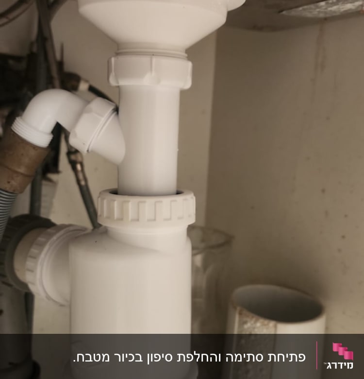 צנרת פלסטיק לבנה מתחת לכיור מטבח